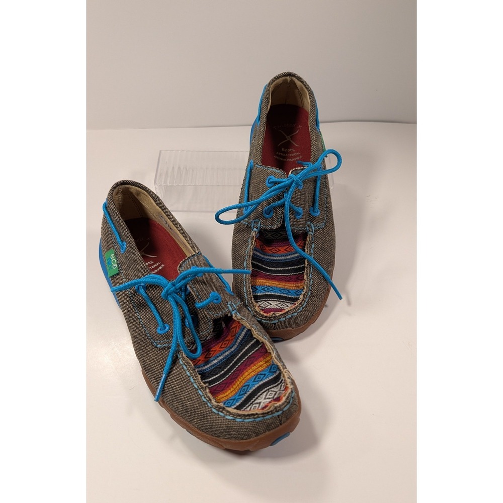 Twisted X EcoTWX Women Brown Canvas Southwestern Moccasin Boat Shoes Blue Laces